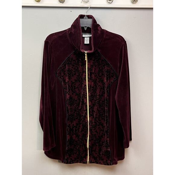Catherines Jacket Womens Size 1X 18/20 Burgundy Paisley Velour Full Zip Front - Picture 1 of 7